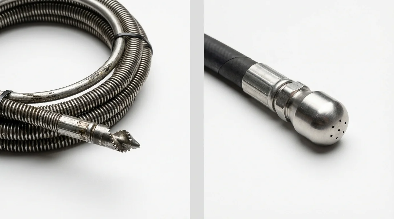 Drain snake cable and hydro jetting nozzle used for drain cleaning in Titusville, PA