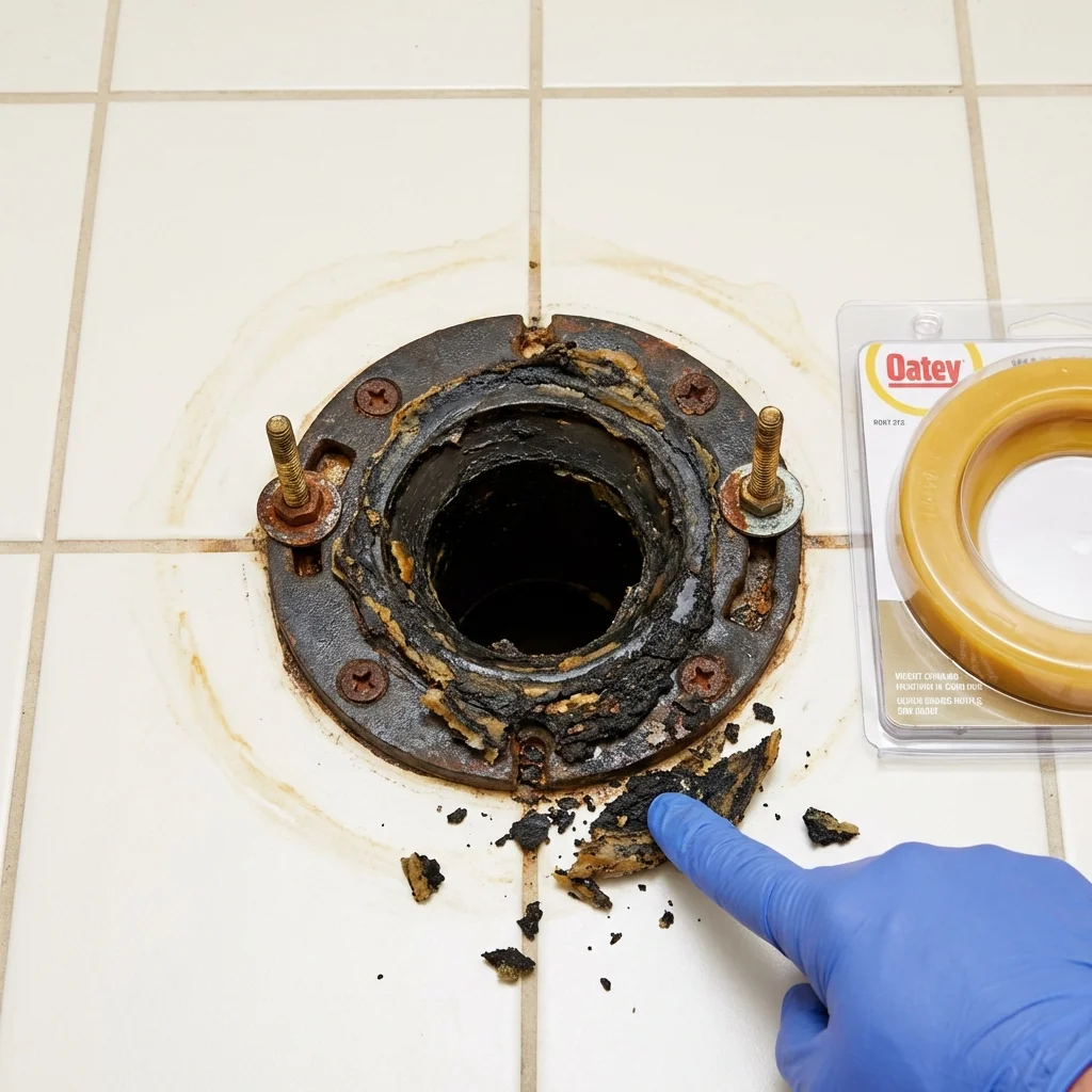 Failed wax ring showing water seepage at the base of a toilet in a Titusville, PA home