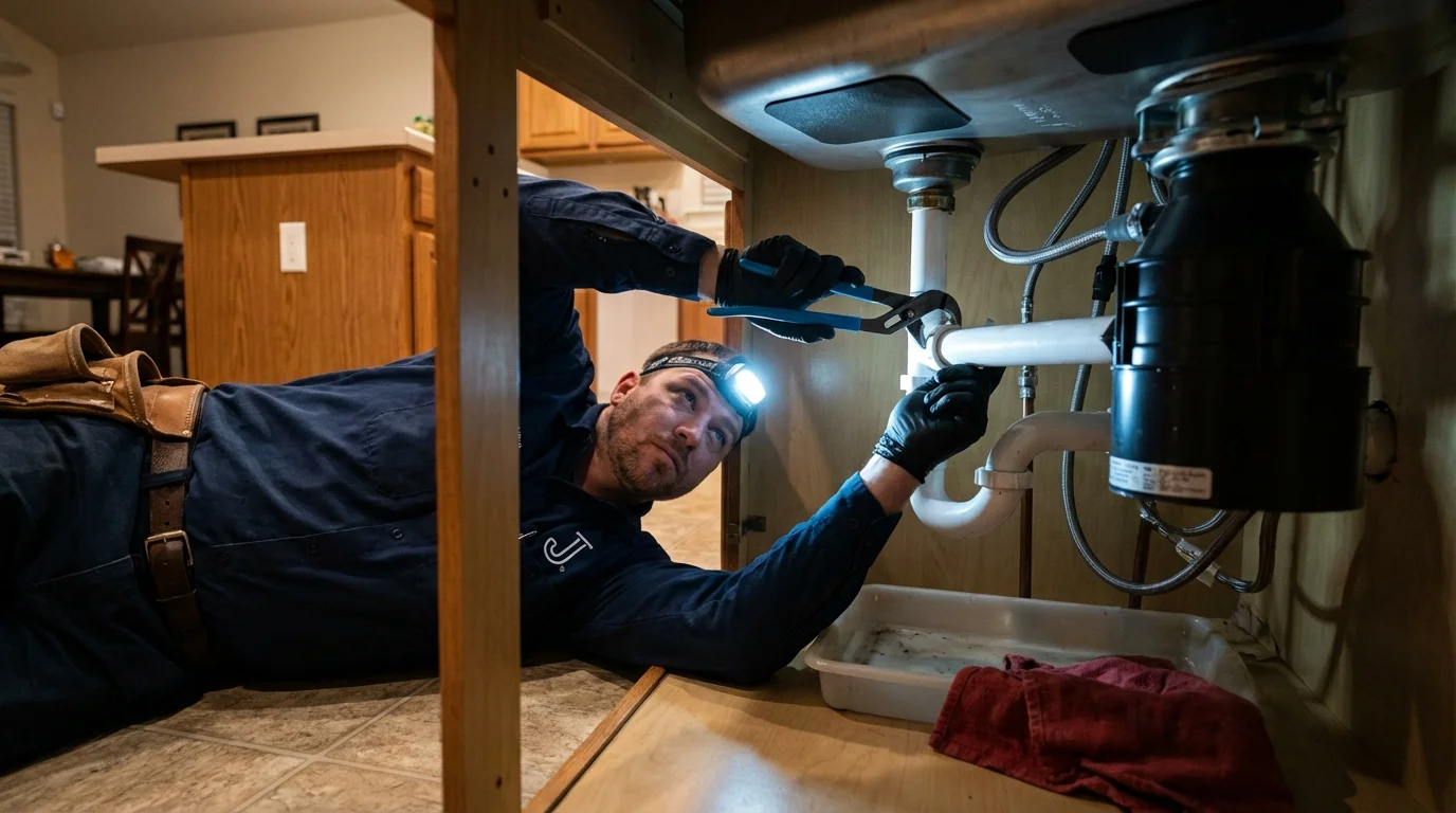 P-trap and supply line connections under a kitchen sink showing a common leak point in Titusville, PA